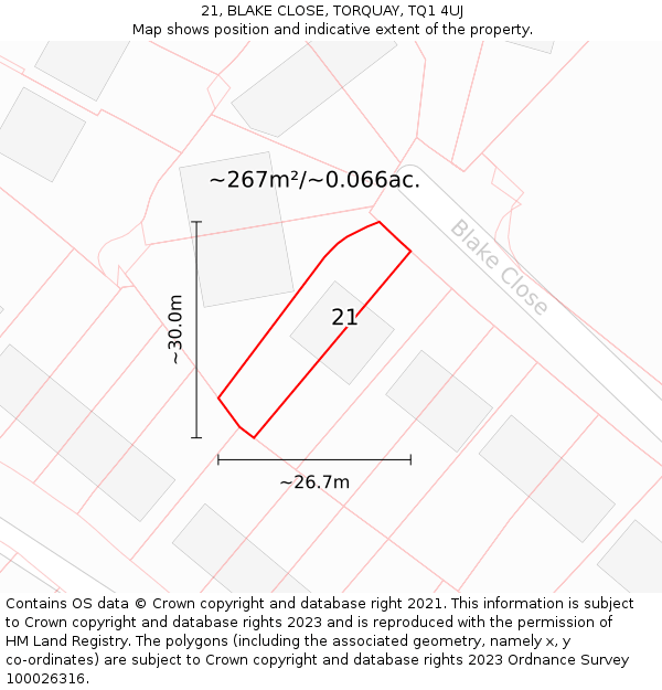 21, BLAKE CLOSE, TORQUAY, TQ1 4UJ: Plot and title map