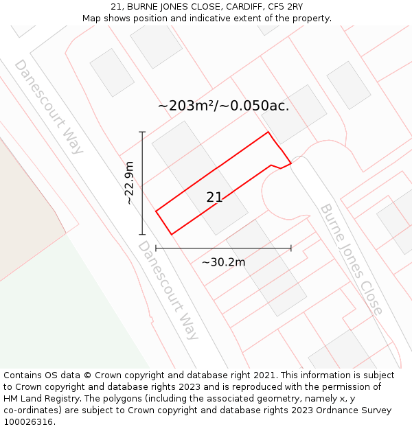 21, BURNE JONES CLOSE, CARDIFF, CF5 2RY: Plot and title map