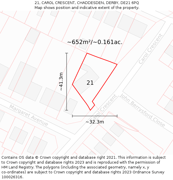 21, CAROL CRESCENT, CHADDESDEN, DERBY, DE21 6PQ: Plot and title map
