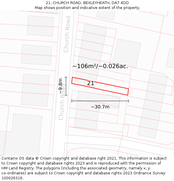 21, CHURCH ROAD, BEXLEYHEATH, DA7 4DD: Plot and title map