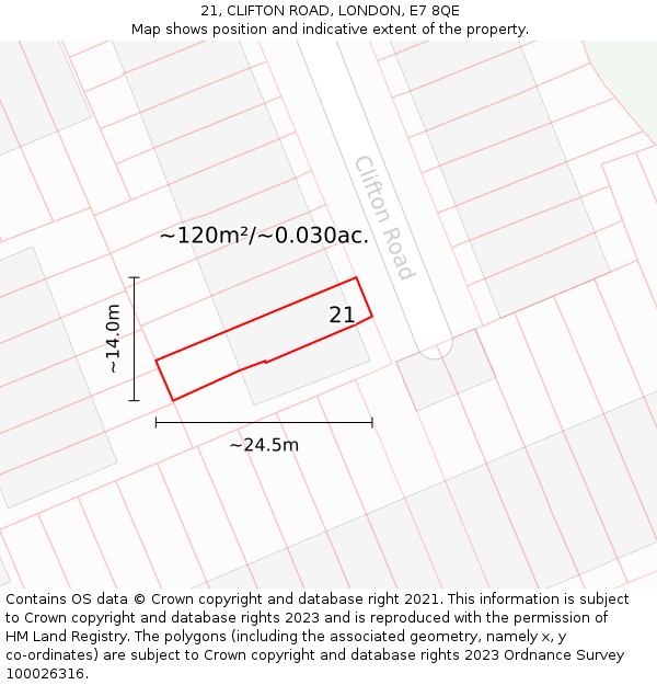 21, CLIFTON ROAD, LONDON, E7 8QE: Plot and title map