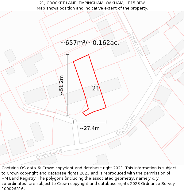 21, CROCKET LANE, EMPINGHAM, OAKHAM, LE15 8PW: Plot and title map