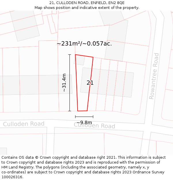 21, CULLODEN ROAD, ENFIELD, EN2 8QE: Plot and title map