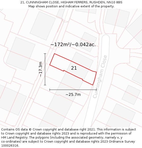 21, CUNNINGHAM CLOSE, HIGHAM FERRERS, RUSHDEN, NN10 8BS: Plot and title map
