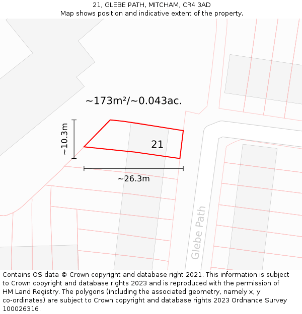 21, GLEBE PATH, MITCHAM, CR4 3AD: Plot and title map