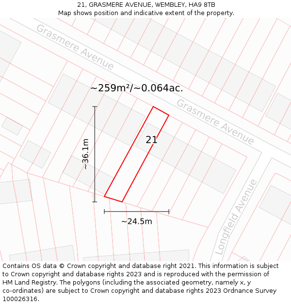 21, GRASMERE AVENUE, WEMBLEY, HA9 8TB: Plot and title map