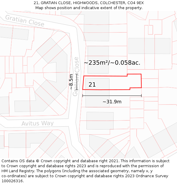 21, GRATIAN CLOSE, HIGHWOODS, COLCHESTER, CO4 9EX: Plot and title map