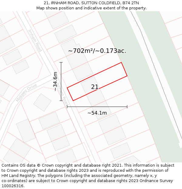 21, IRNHAM ROAD, SUTTON COLDFIELD, B74 2TN: Plot and title map