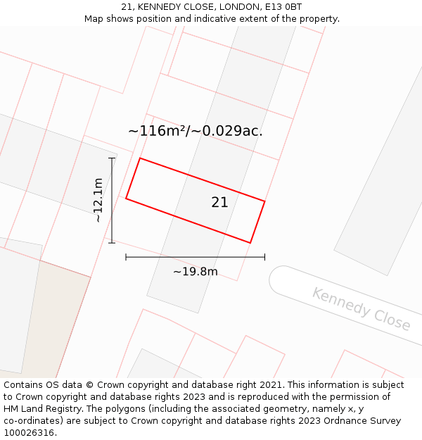21, KENNEDY CLOSE, LONDON, E13 0BT: Plot and title map