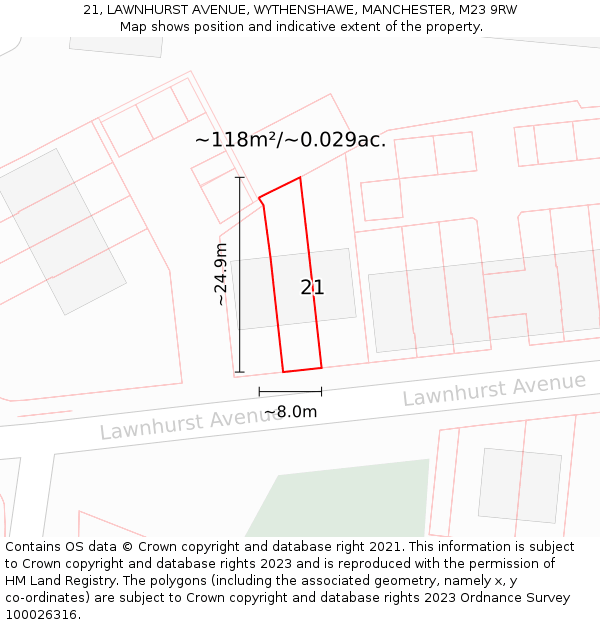 21, LAWNHURST AVENUE, WYTHENSHAWE, MANCHESTER, M23 9RW: Plot and title map