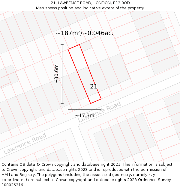 21, LAWRENCE ROAD, LONDON, E13 0QD: Plot and title map