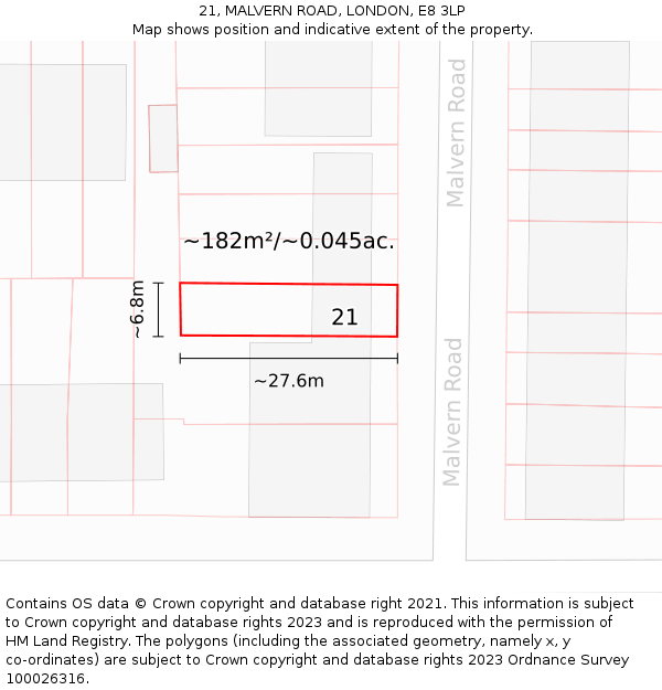 21, MALVERN ROAD, LONDON, E8 3LP: Plot and title map