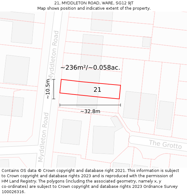 21, MYDDLETON ROAD, WARE, SG12 9JT: Plot and title map