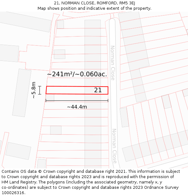 21, NORMAN CLOSE, ROMFORD, RM5 3EJ: Plot and title map