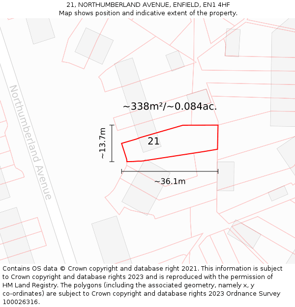 21, NORTHUMBERLAND AVENUE, ENFIELD, EN1 4HF: Plot and title map