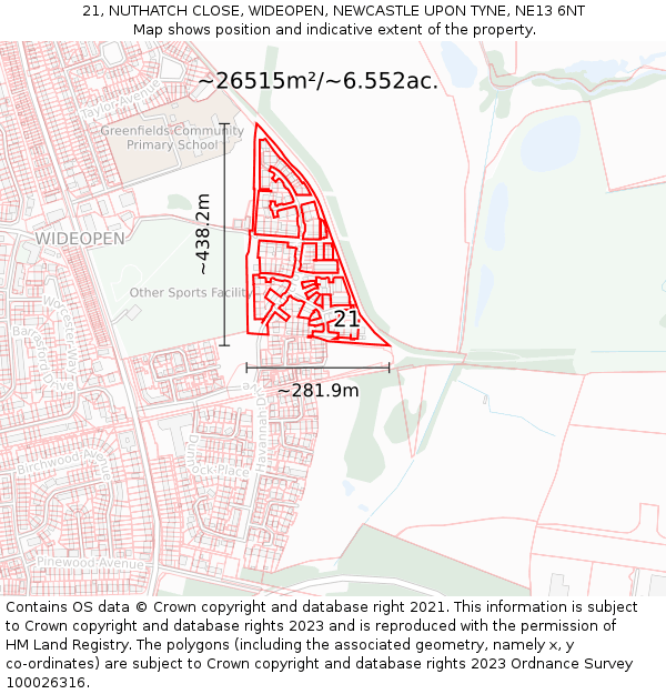 21, NUTHATCH CLOSE, WIDEOPEN, NEWCASTLE UPON TYNE, NE13 6NT: Plot and title map