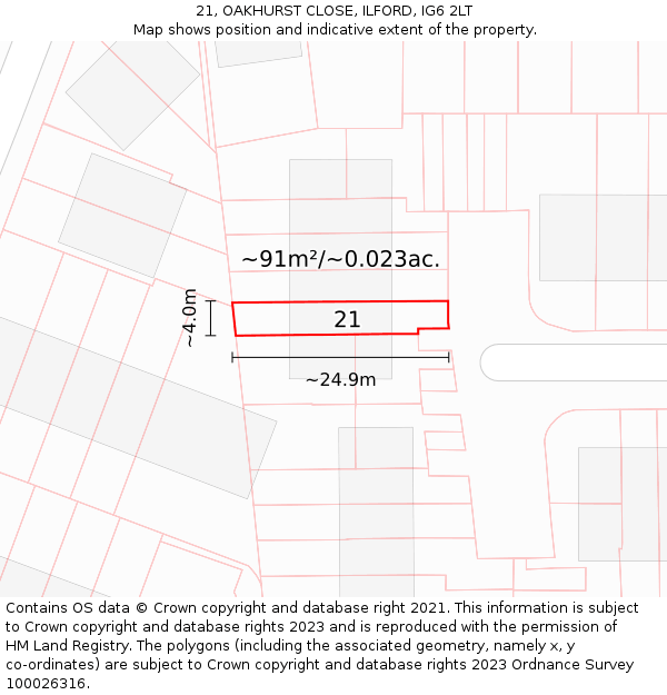 21, OAKHURST CLOSE, ILFORD, IG6 2LT: Plot and title map
