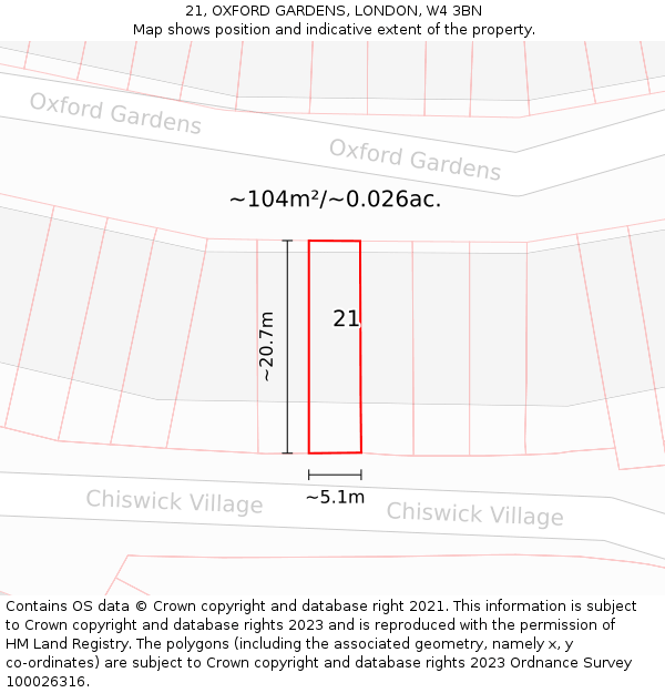 21, OXFORD GARDENS, LONDON, W4 3BN: Plot and title map