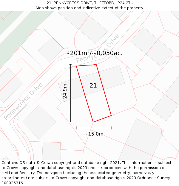 21, PENNYCRESS DRIVE, THETFORD, IP24 2TU: Plot and title map