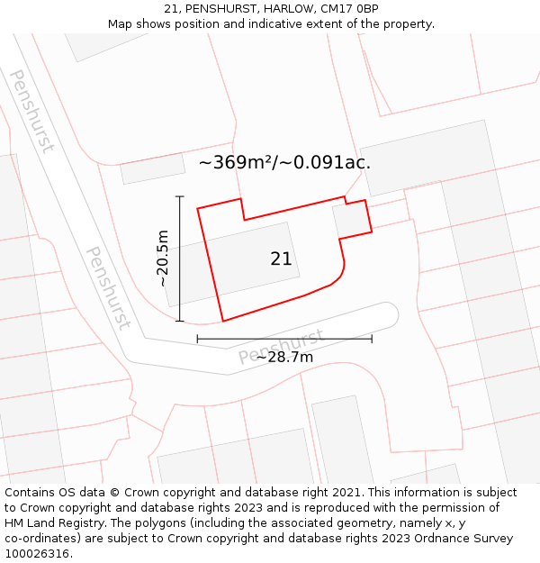 21, PENSHURST, HARLOW, CM17 0BP: Plot and title map