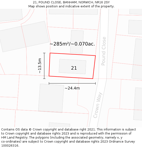 21, POUND CLOSE, BANHAM, NORWICH, NR16 2SY: Plot and title map