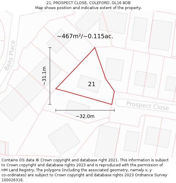 21, PROSPECT CLOSE, COLEFORD, GL16 8DB: Plot and title map