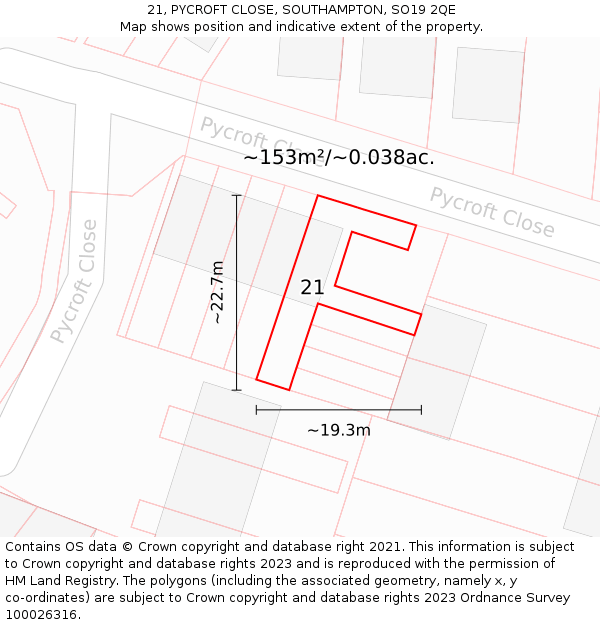 21, PYCROFT CLOSE, SOUTHAMPTON, SO19 2QE: Plot and title map