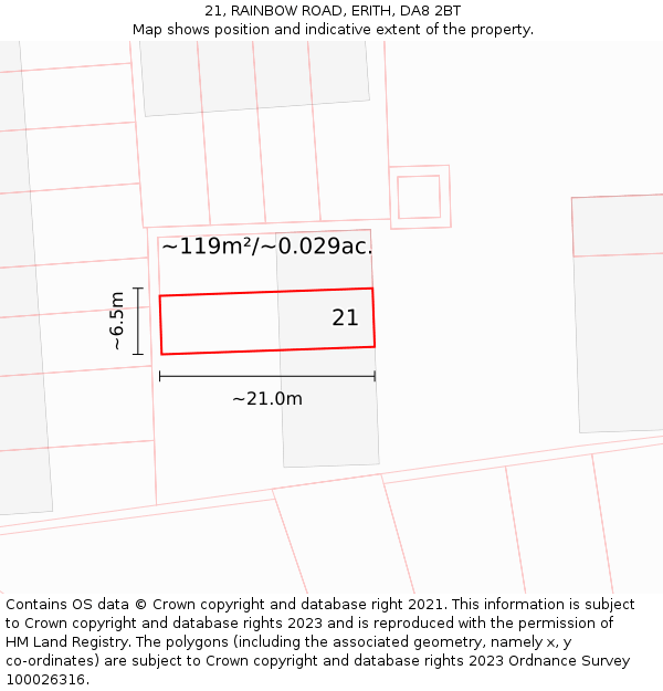 21, RAINBOW ROAD, ERITH, DA8 2BT: Plot and title map