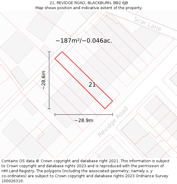 21, REVIDGE ROAD, BLACKBURN, BB2 6JB: Plot and title map
