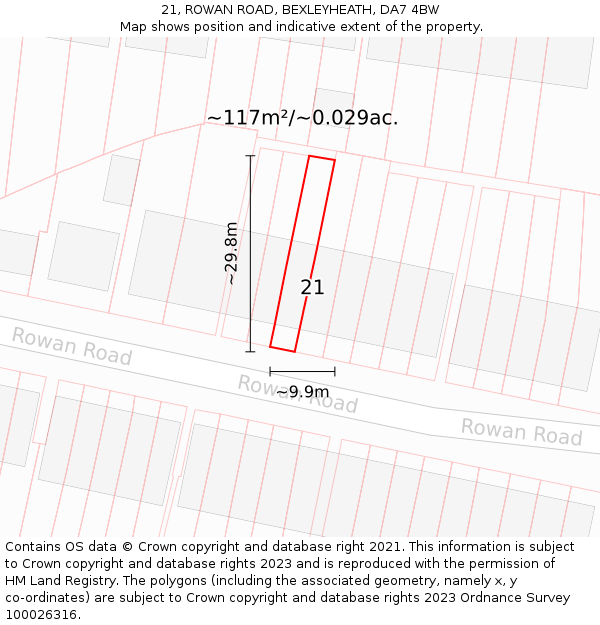 21, ROWAN ROAD, BEXLEYHEATH, DA7 4BW: Plot and title map