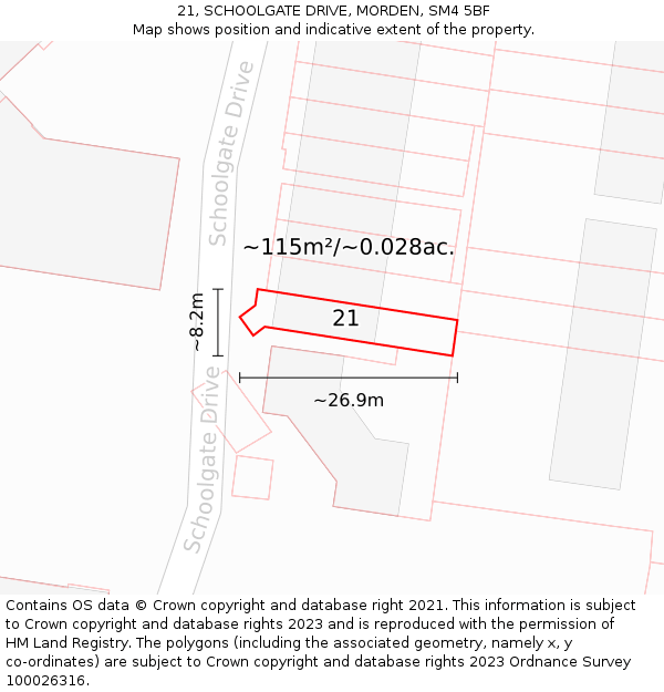 21, SCHOOLGATE DRIVE, MORDEN, SM4 5BF: Plot and title map