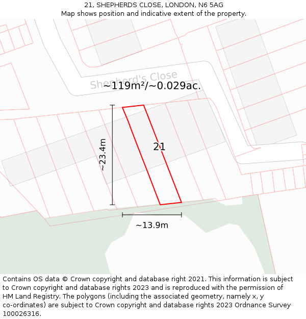 21, SHEPHERDS CLOSE, LONDON, N6 5AG: Plot and title map