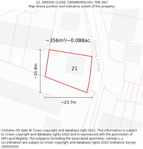 21, SIMONS CLOSE, CROWBOROUGH, TN6 2XU: Plot and title map