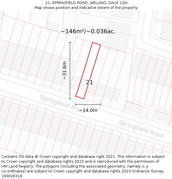 21, SPRINGFIELD ROAD, WELLING, DA16 1QN: Plot and title map