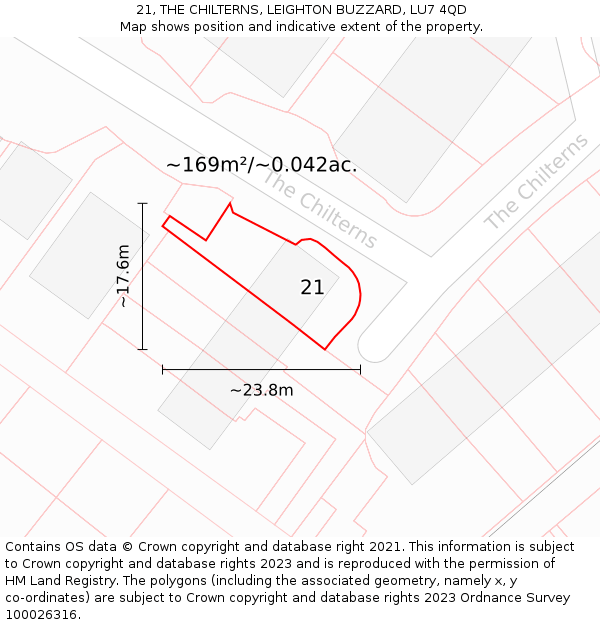 21, THE CHILTERNS, LEIGHTON BUZZARD, LU7 4QD: Plot and title map