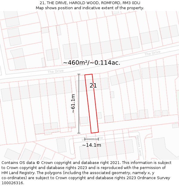 21, THE DRIVE, HAROLD WOOD, ROMFORD, RM3 0DU: Plot and title map