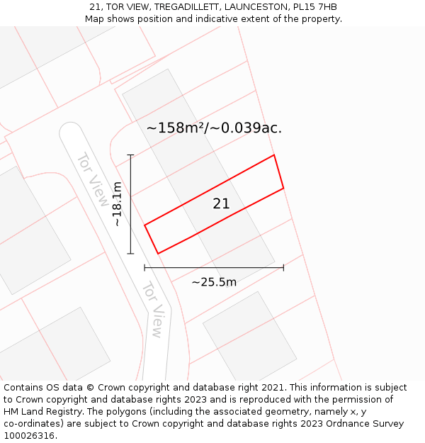 21, TOR VIEW, TREGADILLETT, LAUNCESTON, PL15 7HB: Plot and title map