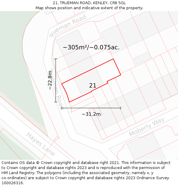 21, TRUEMAN ROAD, KENLEY, CR8 5GL: Plot and title map