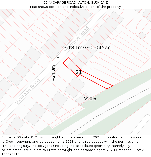 21, VICARAGE ROAD, ALTON, GU34 1NZ: Plot and title map