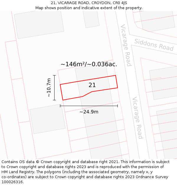 21, VICARAGE ROAD, CROYDON, CR0 4JS: Plot and title map
