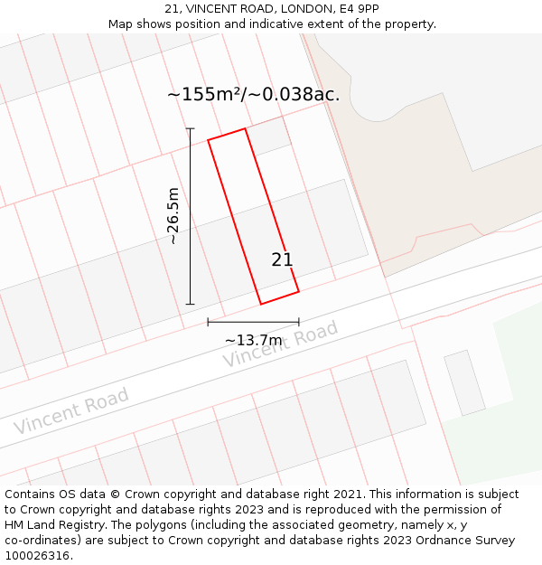 21, VINCENT ROAD, LONDON, E4 9PP: Plot and title map