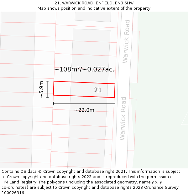 21, WARWICK ROAD, ENFIELD, EN3 6HW: Plot and title map