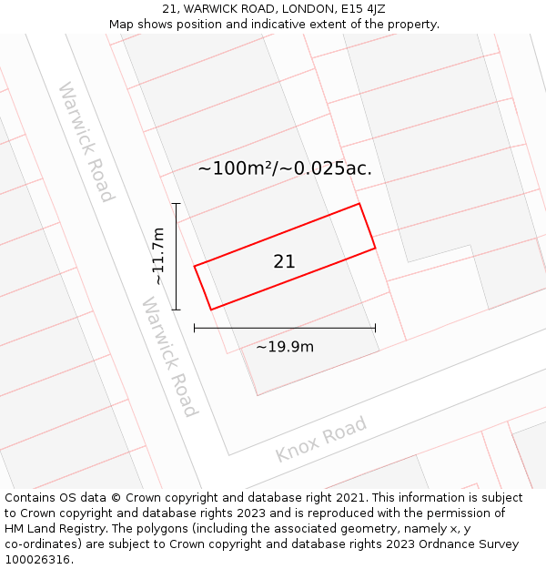 21, WARWICK ROAD, LONDON, E15 4JZ: Plot and title map