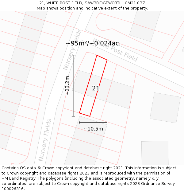 21, WHITE POST FIELD, SAWBRIDGEWORTH, CM21 0BZ: Plot and title map