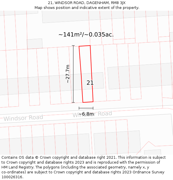 21, WINDSOR ROAD, DAGENHAM, RM8 3JX: Plot and title map
