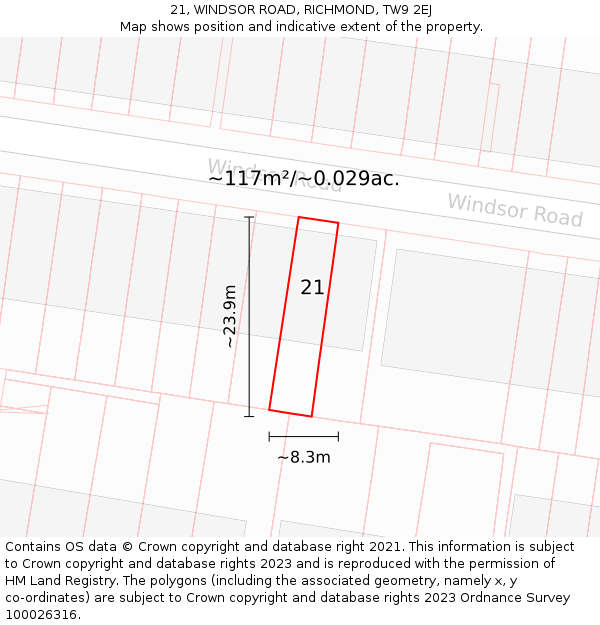 21, WINDSOR ROAD, RICHMOND, TW9 2EJ: Plot and title map