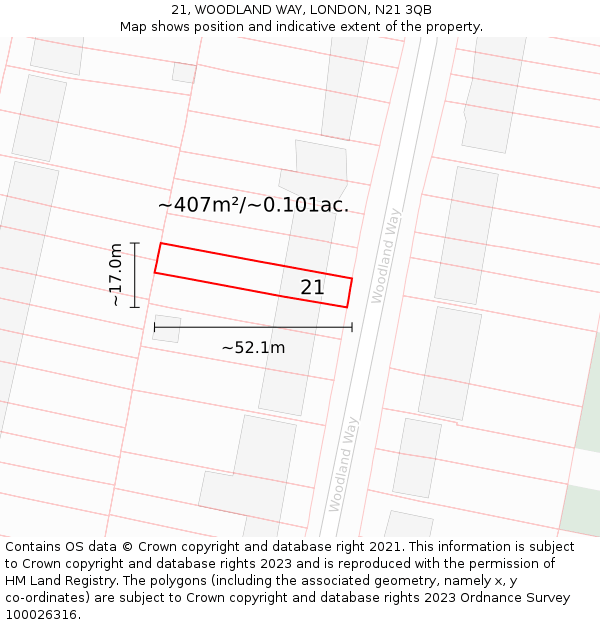 21, WOODLAND WAY, LONDON, N21 3QB: Plot and title map