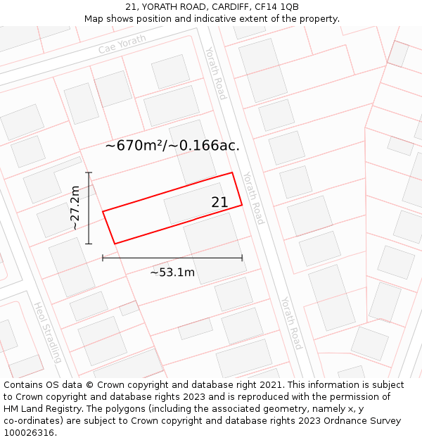 21, YORATH ROAD, CARDIFF, CF14 1QB: Plot and title map