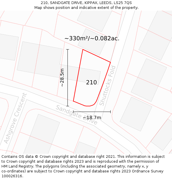 210, SANDGATE DRIVE, KIPPAX, LEEDS, LS25 7QS: Plot and title map
