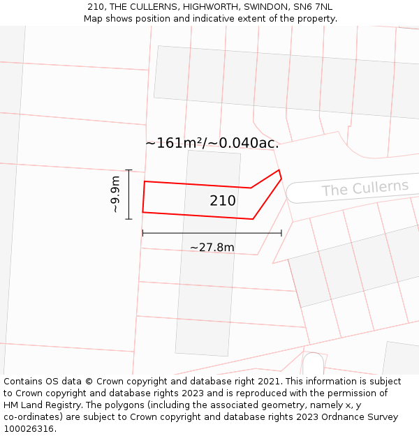 210, THE CULLERNS, HIGHWORTH, SWINDON, SN6 7NL: Plot and title map